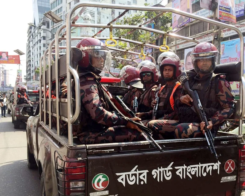 Photo shows Border Guard Bangladesh (BGB) personnel on petrol in Naya Paltan, Dhaka.