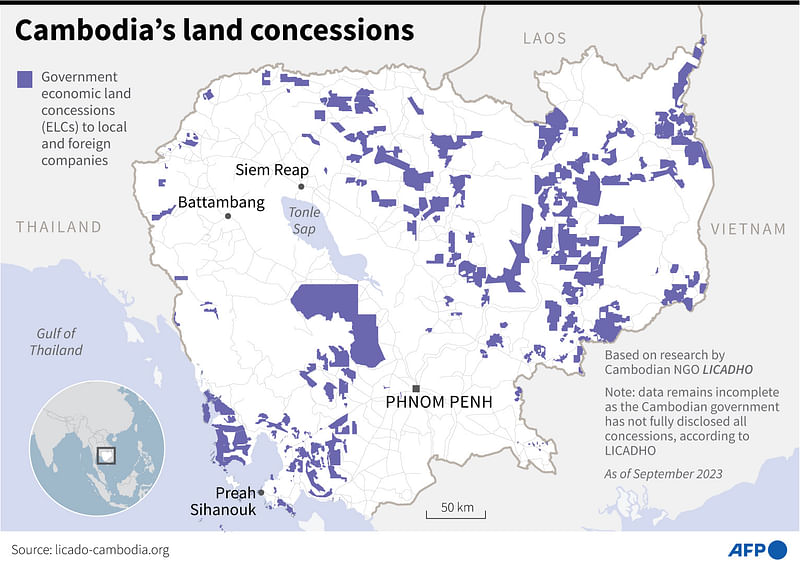 Map of Cambodia, showing the extent of economic land concessions (ELCs) to local and foreign companies