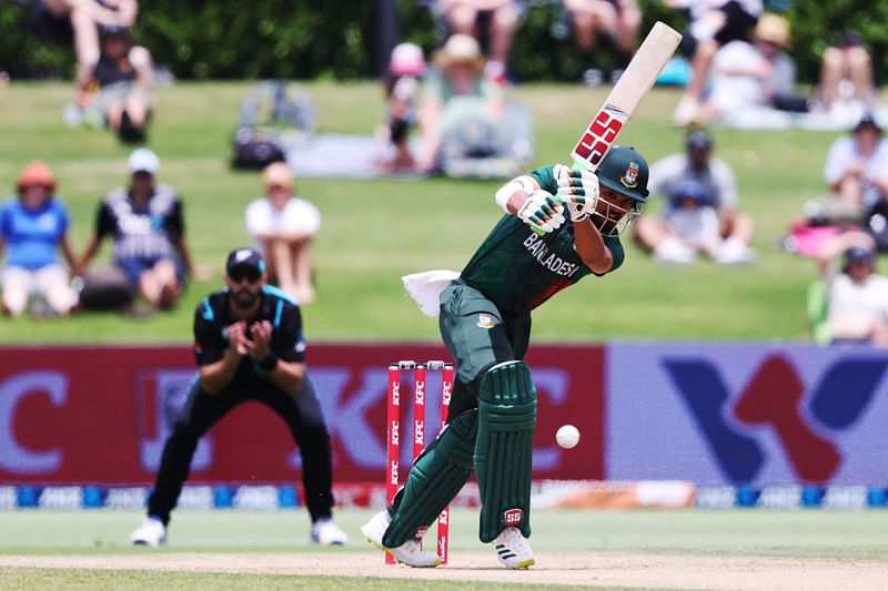 Najmul Hossain Shanto bats during the third Twenty20 cricket match between New Zealand and Bangladesh at Bay Oval in Mount Maunganui on 31 December, 2023.