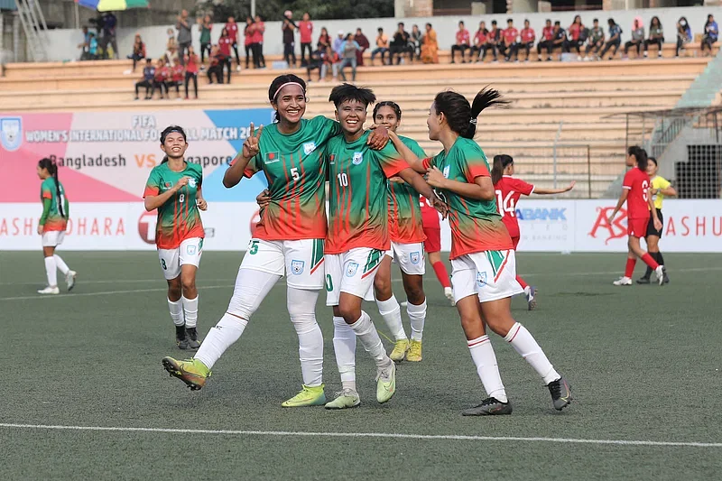 Bangladesh players celebrate the huge win against superior Singapore at Bir Shrestha Shahid Mostafa Kamal Stadium, Dhaka on 4 December in 2023