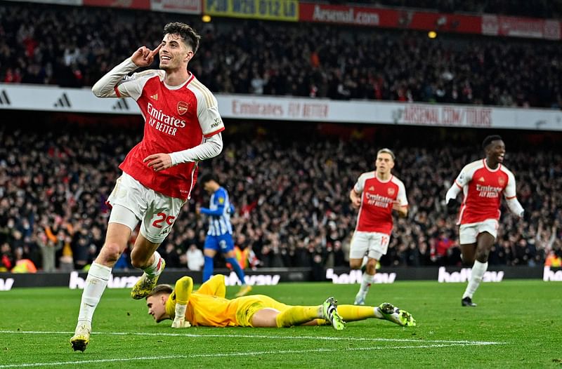 Arsenal's German midfielder #29 Kai Havertz celebrates scoring the team's second goal during the English Premier League football match between Arsenal and Brighton and Hove Albion at the Emirates Stadium in London on December 17, 2023.