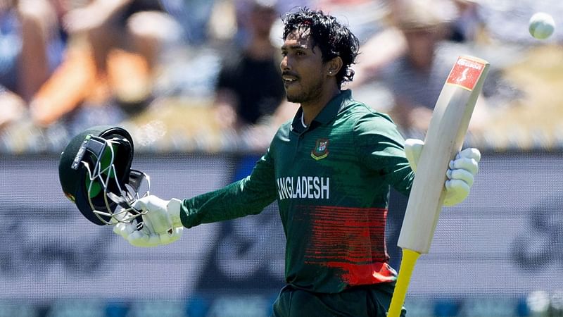 Bangladesh’s Soumya Sarkar celebrates his century (100 runs) during the second one-day international cricket match between New Zealand and Bangladesh at Saxton Oval in Nelson on 20 December, 2023