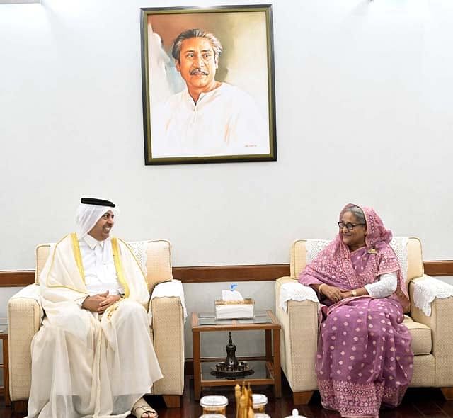 Qatar ambassador to Bangladesh Seraya Ali Mahdi Saeed Al-Qahtani calls on prime minister Sheikh Hasina in Ganabhaban in Dhaka on 19 December 2023.