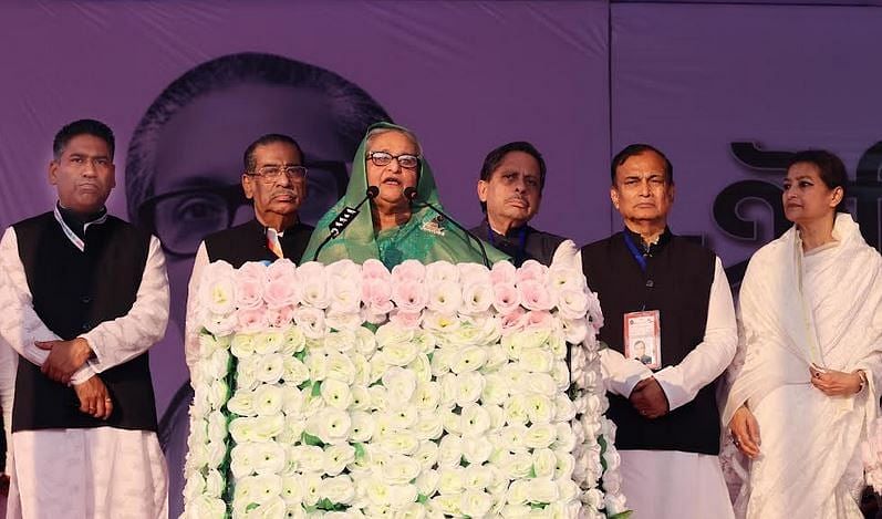 Prime Minister Sheikh Hasina speaks at a rally in Barishal on 29 December, 2023.