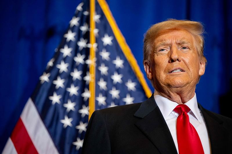 Republican presidential candidate, former US President Donald Trump speaks during a campaign rally at the Atkinson Country Club on 16 January, 2024 in Atkinson, New Hampshire