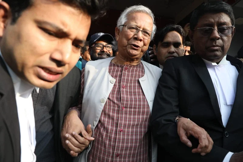 Nobel Laureate economist and Grameen Telecom chairman Dr Muhammad Yunus arrives in a court in Dhaka on 1 January 2024