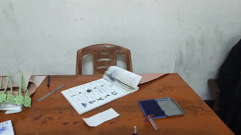 Ballot paper with stamps on the boat symbol. photo taken from Nasirabad Govt Boys High School centre in Chattogram city around 2:45pm on Sunday, 7 January 2024.