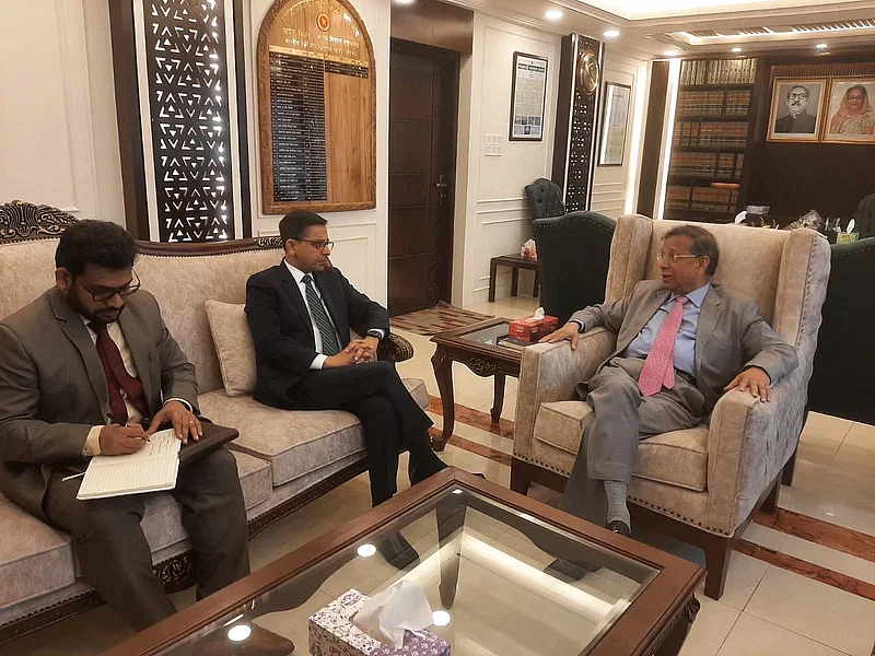 Law Minister Anisul Huq (R) talks to Indian High Commissioner to Bangladesh Pranay Kumar Verma at the secretariat on 22 January in 2024