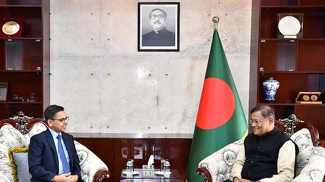 Indian High Commissioner Pranay Verma meets Foreign Minister Hasan Mahmud at the foreign ministry in Dhaka on 15 January, 2024.