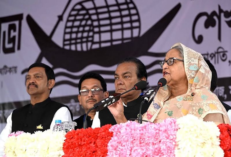 Awami League president and Prime Minister Sheikh Hasina addressing the grand rally in Faridpur as part of her electoral campaign on Tuesday