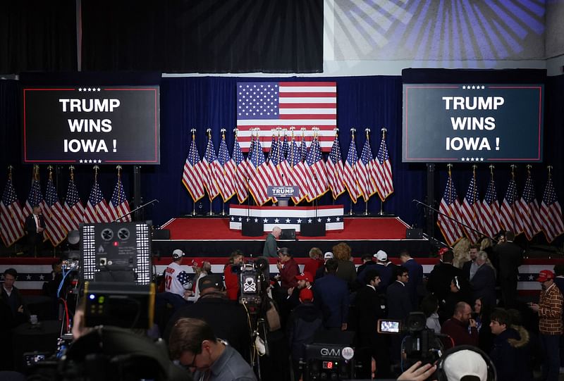 The stage is set at former President Donald Trump's caucus night event at the Iowa Events Center on January 15, 2024 in Des Moines, Iowa.