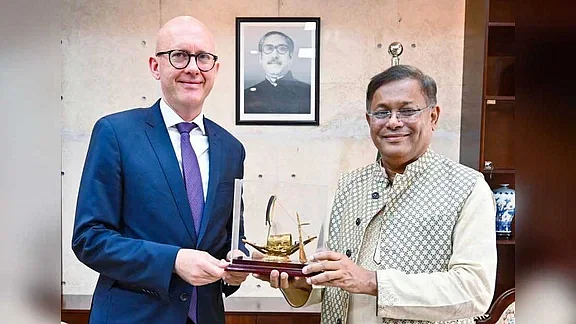 EU envoy Charles Whiteley pays a courtesy call on foreign minister Hasan Mahmud at the ministry on 17 January 2024.