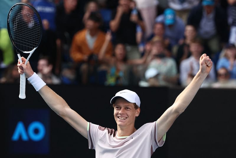 Italy's Jannik Sinner celebrates victory against Serbia's Novak Djokovic during their men's singles semi-final match on day 13 of the Australian Open tennis tournament in Melbourne on 26 January, 2024.