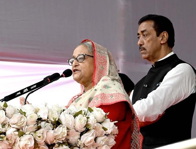 Awami League president and prime minister Sheikh Hasina speaks at a rally in Narayanganj on 4 January, 2024.