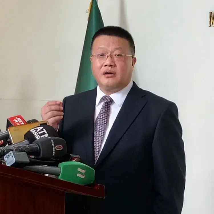 Chinese ambassador in Dhaka, Yao Wen, speaks to the media at the foreign ministry in Dhaka on 28 January 2024.