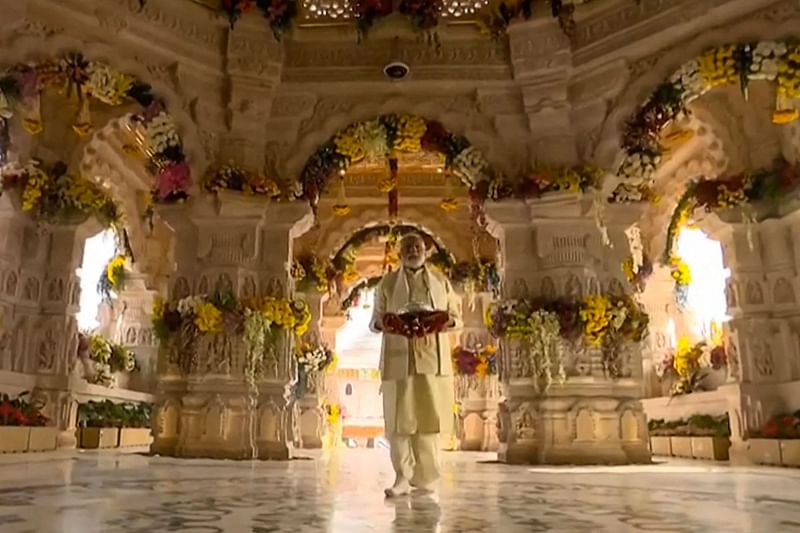 This screen grab from video footage from the Narendra Modi Youtube Channel taken and released on 22 January, 2024 made available via AFPTV shows India's Prime Minister Narendra Modi walking into the Ram temple to officially consecrate the temple in Ayodhya in India's Uttar Pradesh state