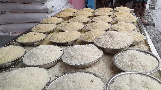 Different varieties of rice are displayed at a wholesale market at Pahartali in Chattogram on 19 January 2024.