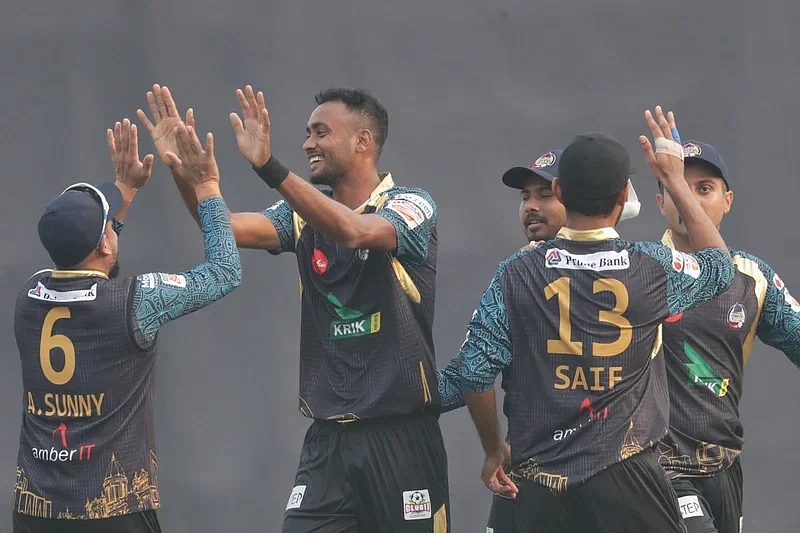 Left arm pacer Shoriful Islam celebrates his hat-trick on the opening day of 10th edition of the Bangladesh Premier League at Sher-e-Bangla National Cricket Stadium on 19 January in 2024