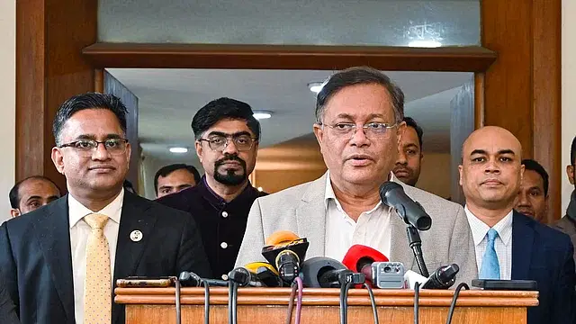 Foreign minister Hasan Mahmud answering queries from newsmen at the state guest house Padma in the capital on Saturday afternoon.