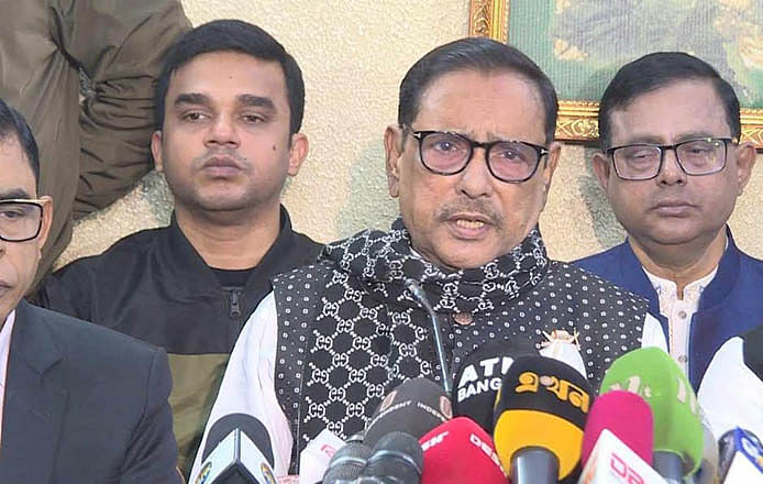 Awami League General Secretary and Road Transport and Bridges Minister Obaidul Quader talks to the media