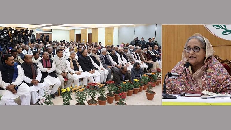 Prime Minister and Awami League President Sheikh Hasina addresses a joint meeting of the AL’s central executive council, advisory council and its associate bodies at the party’s central office at Banganandhu Avenue, Dhaka, on 15 January in 2024