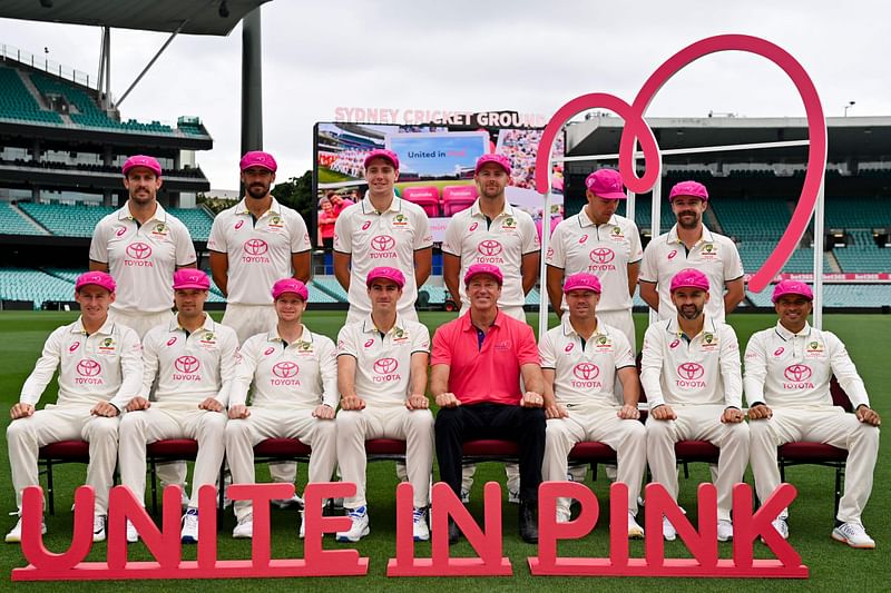 ormer Australian player Glenn McGrath (front row 4th R) poses with Australia's players ahead of the third Test match between Australia and Pakistan at the Sydney Cricket Ground in Sydney on January 1, 2024.