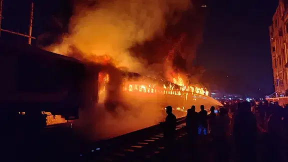 Fire spread to several compartments of the Benapole Express train on 5 January in 2024 night