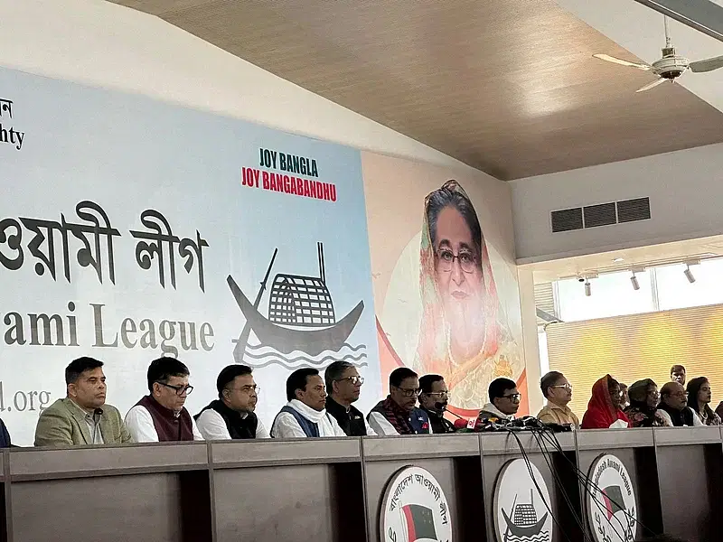 Bangladesh Awami League general secretary Obaidul Quader addresses a media briefing at the party's Dhaka district unit headquarters in Tejgaon, Dhaka, on 8 January 2024