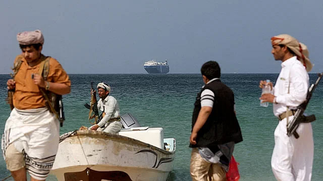 Huthi rebels at Al-Salif port in Yemen.