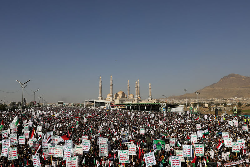 Supporters of the Houthi movement rally to denounce air strikes launched by the U.S. and Britain on Houthi targets, in Sanaa, Yemen January 12, 2024