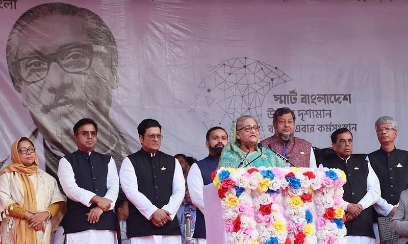 Awami League president and Prime Minister Sheikh Hasina addresses a election rally at Kalabagan Krira Chakra ground in Dhanmondi, Dhaka, on 1 January in 2024