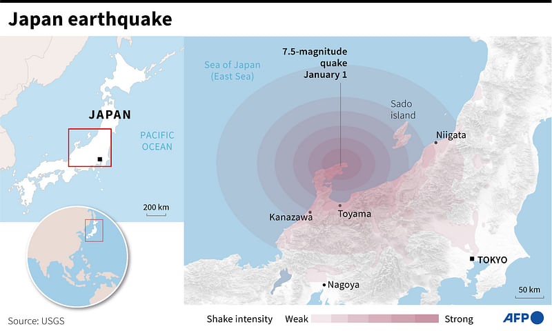 Map of Japan locating the epicentre of a 7.5-magnitude earthquake on 1 January