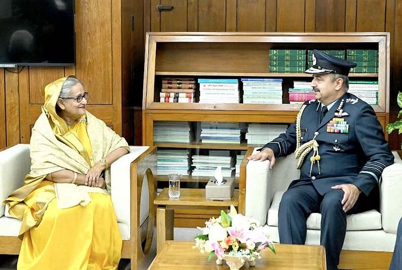 Visiting Chief of the Air Staff of India Air Chief Marshal Vivek Ram Chaudhari called on Prime Minister Sheikh Hasina at her Sangsad Bhaban office on 27 February, 2024