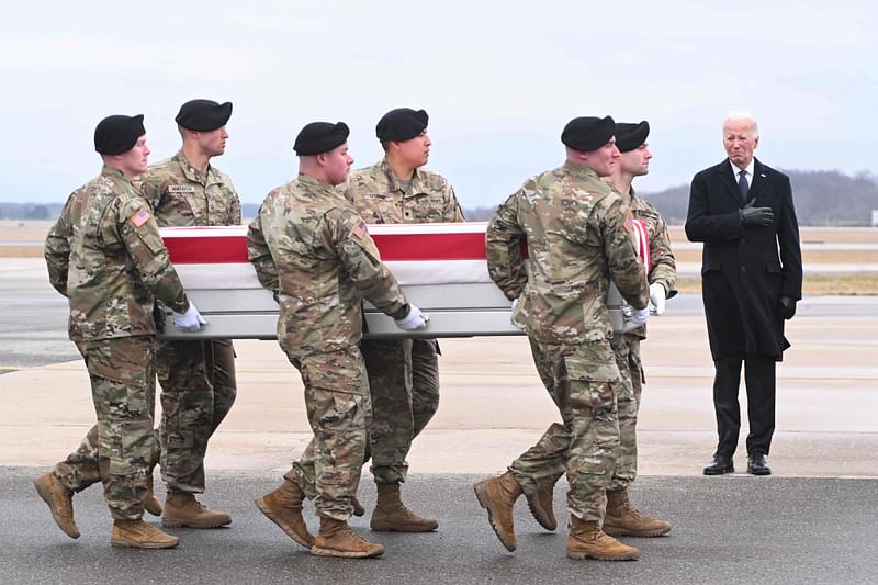 US president Joe Biden attends the dignified transfer of the remains of three US service members killed in the drone attack on the US military outpost in Jordan, at Dover Air Force Base in Dover, Delaware, on 2 February, 2024