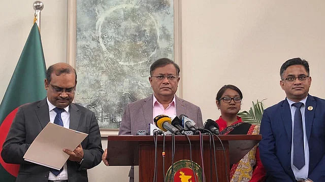 Foreign Minister Hasan Mahmud speaks to the media at the ministry in Dhaka on 6 February, 2024.