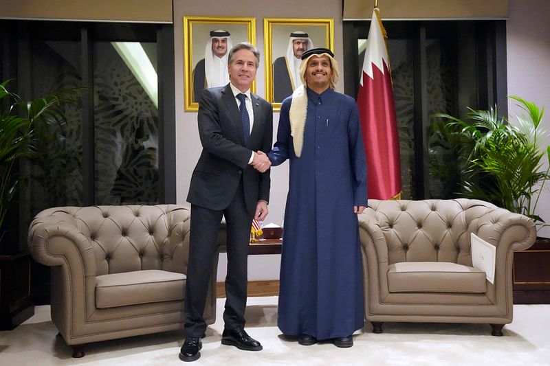 US Secretary of State Antony Blinken (L) meets with Qatar’s Prime Minister and Foreign Minister Sheikh Mohammed bin Abdulrahman al-Thani, at Diwan Annex, in Doha on 6 February, 2024, during his Middle East tour, his fifth urgent trip to the region since the war between Israel and Hamas in Gaza erupted in October