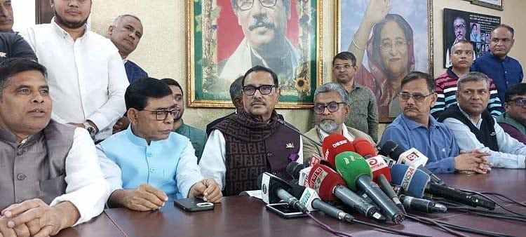 Awami League general secretary Obaidul Quader speaks at a press conference at AL president's Dhanmondi political office in the capital on Monday, 5 February 2024.