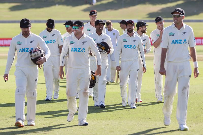 New Zealand players leave the field following their victory on day four of the first cricket Test match between New Zealand and South Africa at the Bay Oval in Mount Maunganui on 7 February, 2024