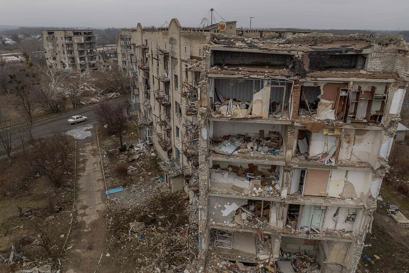 This aerial photograph taken on 1 February, 2024, shows residential buildings destroyed by shelling in Izyum, Kharkiv region, amid the Russian invasion of Ukraine