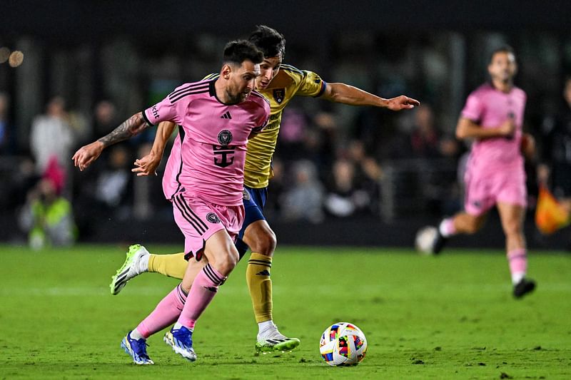 Inter Miami’s Argentine forward #10 Lionel Messi fights for the ball during the MLS football match between Inter Miami and Real Salt Lake at Chase Stadium in Fort Lauderdale, Florida, on 21 February, 2024