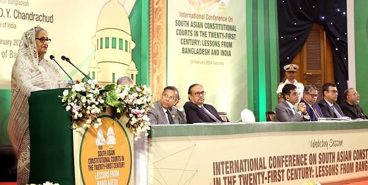 Prime Minister Sheikh Hasina addresses the closing session of the two-day International Conference on "South Asian Constitutional Courts in the Twenty-First Century: Lessons from Bangladesh and India" at Bangabandhu International Conference Center (BICC) in Dhaka on 24 February 2024.