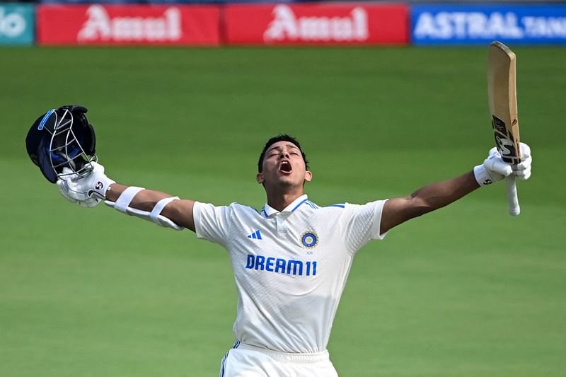 India's Yashasvi Jaiswal celebrates after scoring a double century (200 runs) during the second day of the second Test cricket match between India and England at the YS Rajasekhara Reddy cricket stadium in Visakhapatnam on 3 February, 2024