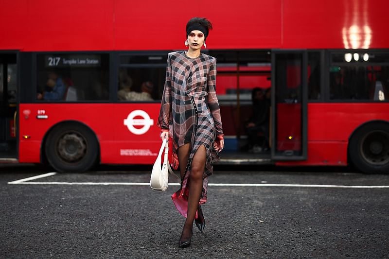 A model presents a creation by London-based fashion brand SRVC during the catwalk presentation for their Autumn/Winter 2024 collection during London Fashion Week in London on 17 February, 2024.