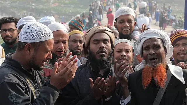 Devotees join  ‘Akheri Munajat' of first phase of Biswa Ijtema. The picture was taken from a nearby place of Ijtema ground in Tongi of Gazipur on Sunday morning.