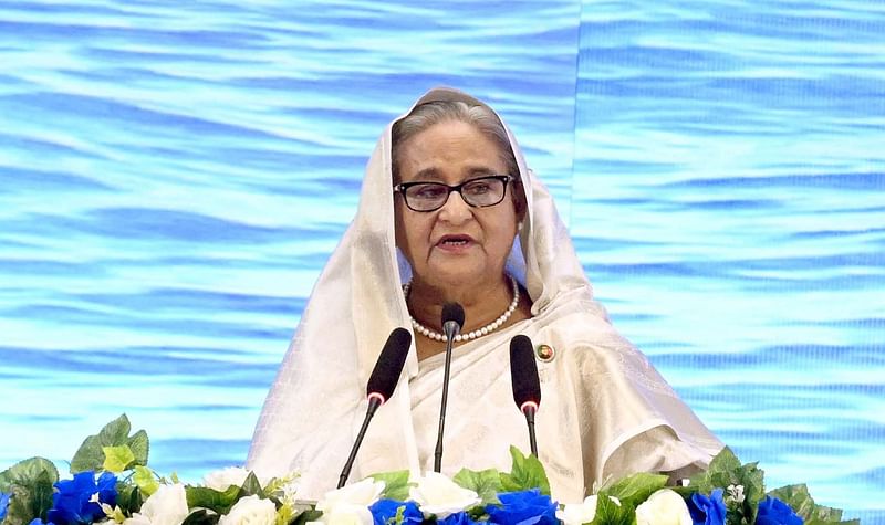 Prime minister Sheikh Hasina addressing the function marking the golden jubilee of enacting the law titled 'The Territorial Waters and Maritime Zones Act, 1974' at the BICC on Thursday