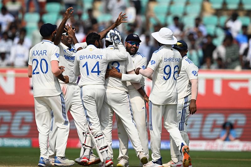 India’s Jasprit Bumrah (C) celebrates with teammates after taking the wicket of England’s Ben Foakes during the fourth day of the second Test cricket match between India and England at the Y.S. Rajasekhara Reddy Cricket Stadium in Visakhapatnam on 5 February, 2024