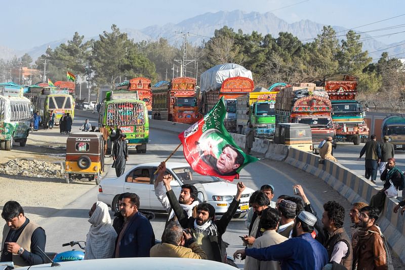 Supporters of Khan's Pakistan Tehreek-e-Insaf (PTI) party block the Quetta-Chaman highway as they protest against the alleged skewing in Pakistan's national election results, in Quetta on February 12, 2024