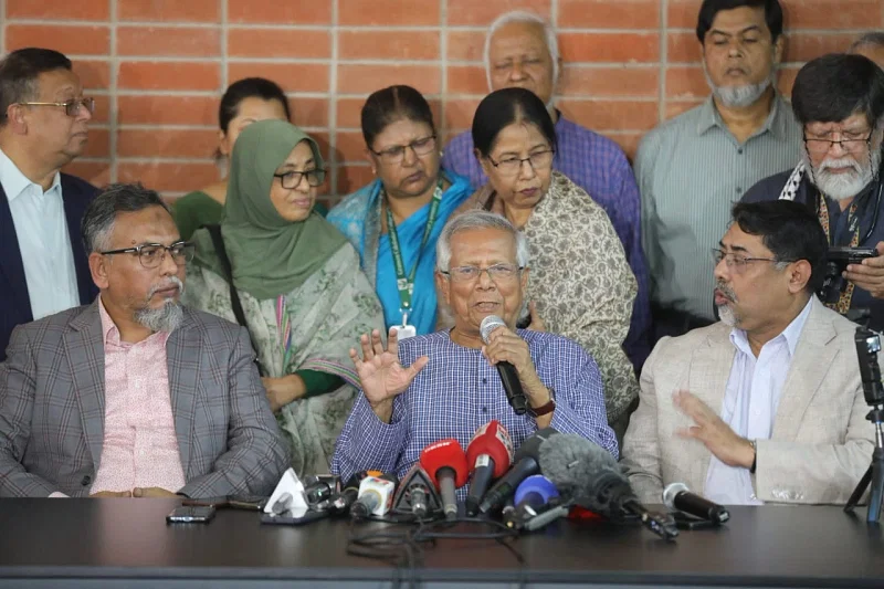 Nobel laureate Dr Muhammad Yunus addresses a press conference at Grameen Telecom Bhaban in Mirpur, Dhaka on 15 February 2024.