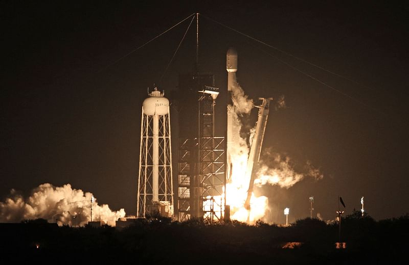 A SpaceX Falcon 9 rocket soars into orbit from the Kennedy Space Center on the Intuitive Machines' Nova-C moon lander mission, in Cape Canaveral, Florida, on 15 February, 2024.