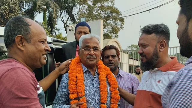 BNP men congratulate their leader Syed Moazzem Hossain Alal on his release from the Kashimpur jail in Gazipur on 21 February, 2024.